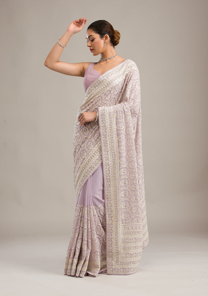 Lavender Threadwork Georgette Saree