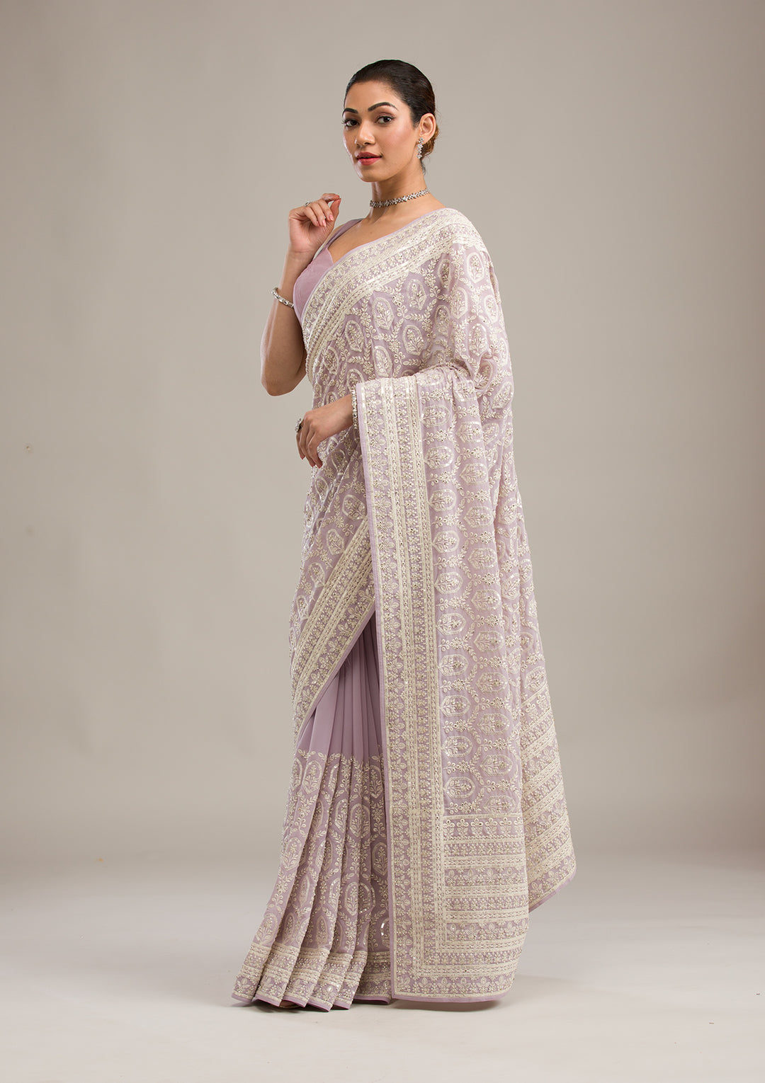 Lavender Threadwork Georgette Saree
