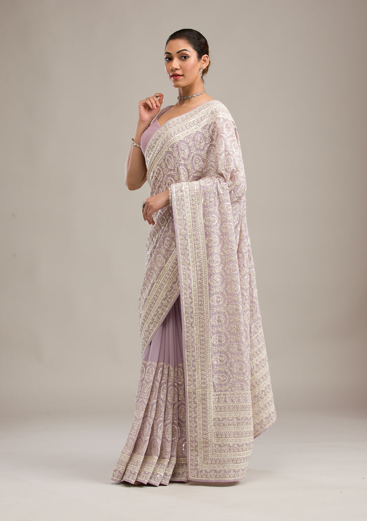 Lavender Threadwork Georgette Saree