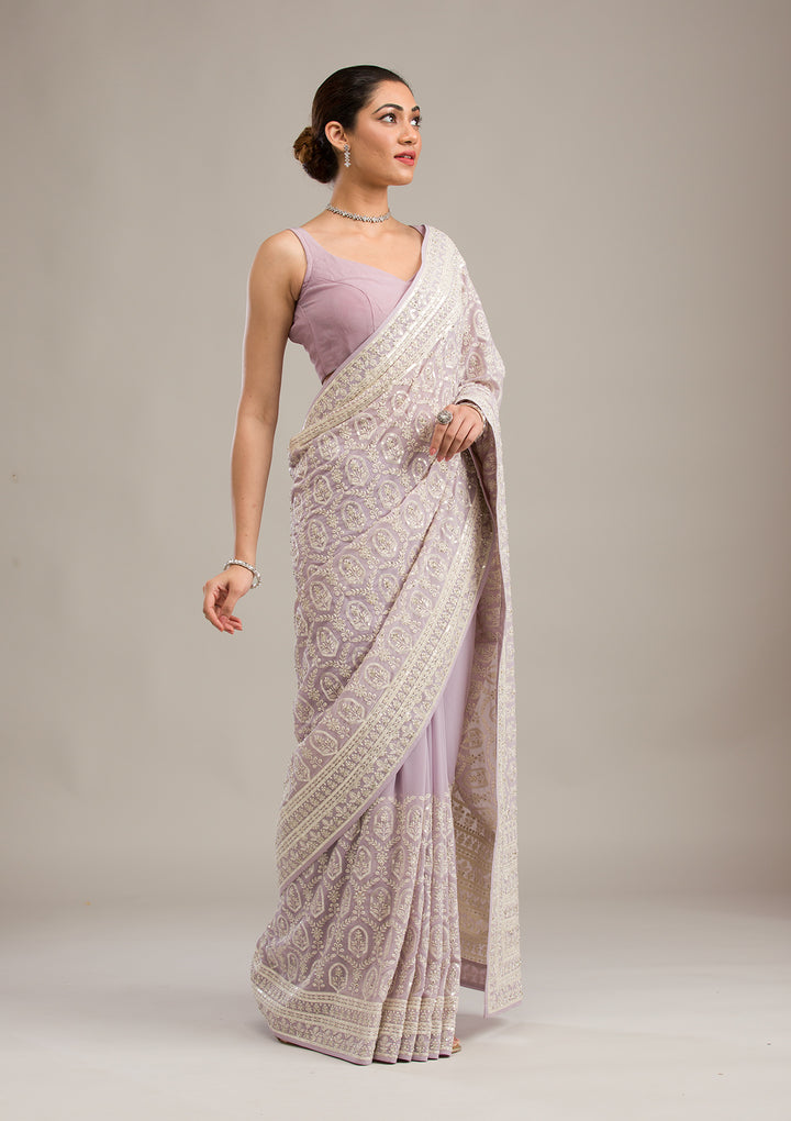 Lavender Threadwork Georgette Saree