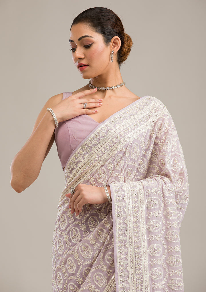 Lavender Threadwork Georgette Saree