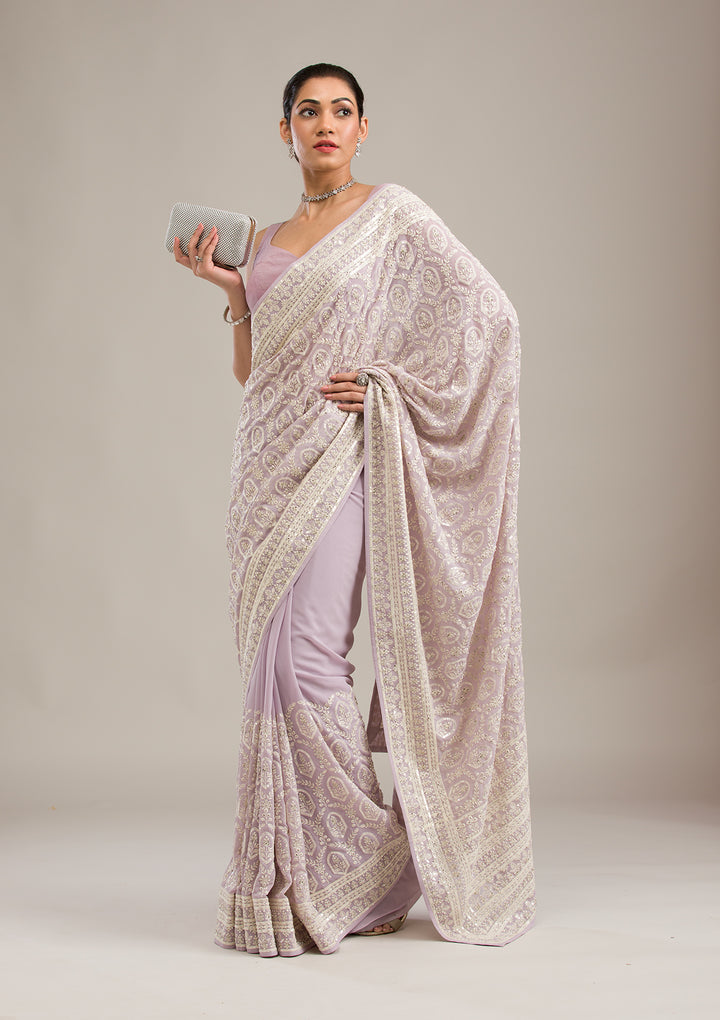 Lavender Threadwork Georgette Saree