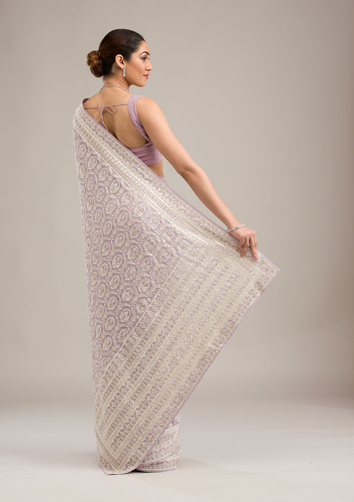 Lavender Threadwork Georgette Saree