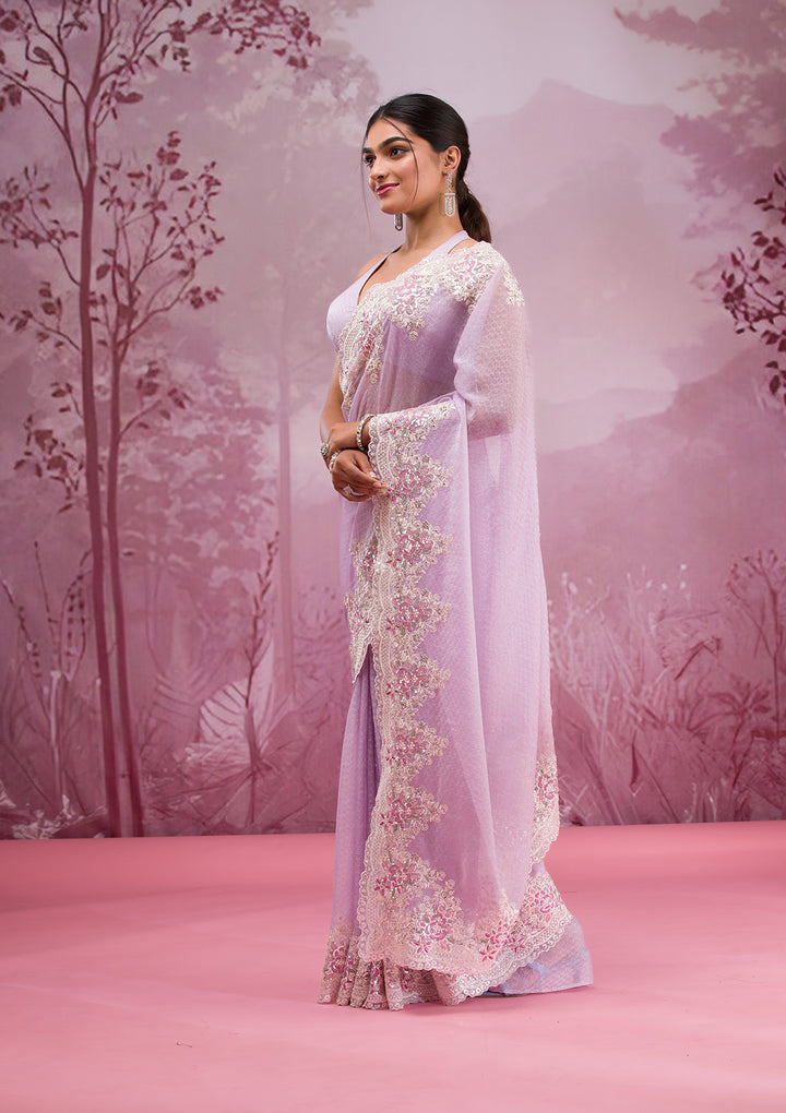 Lavender Threadwork Georgette Saree
