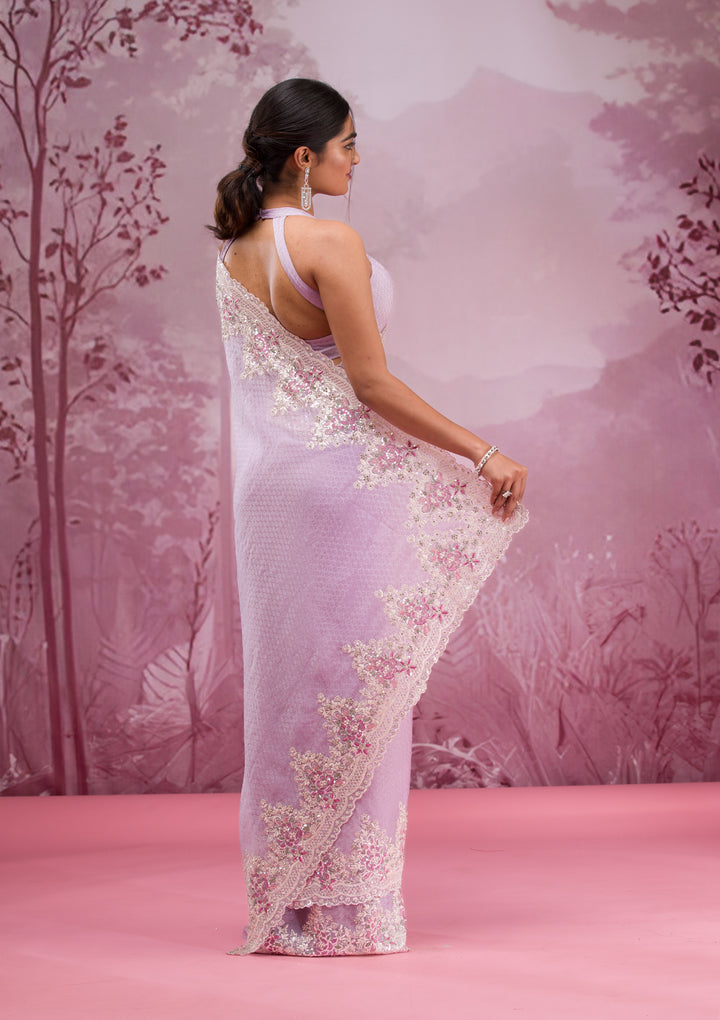 Lavender Threadwork Georgette Saree