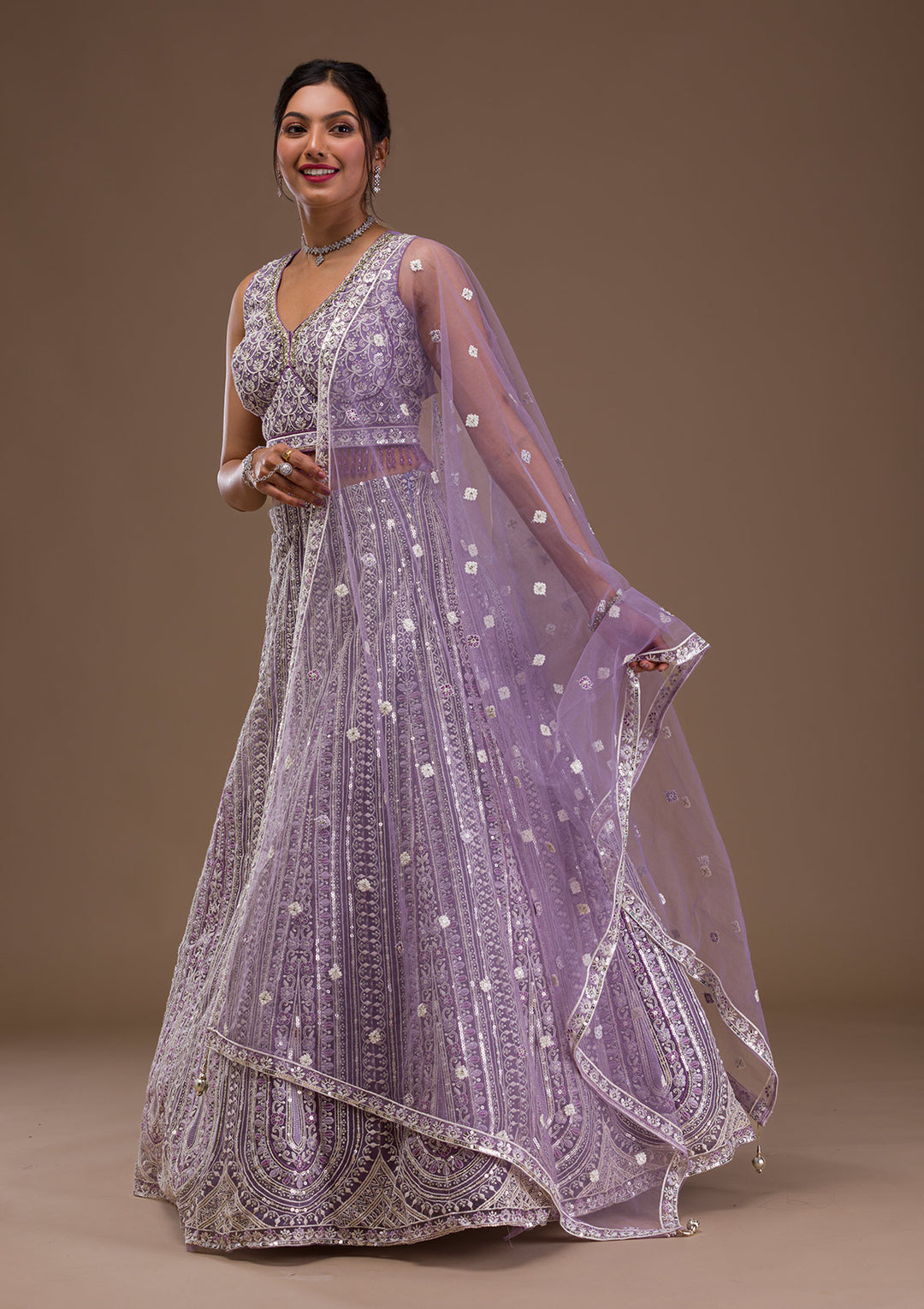 Lavender Threadwork Net Readymade Lehenga