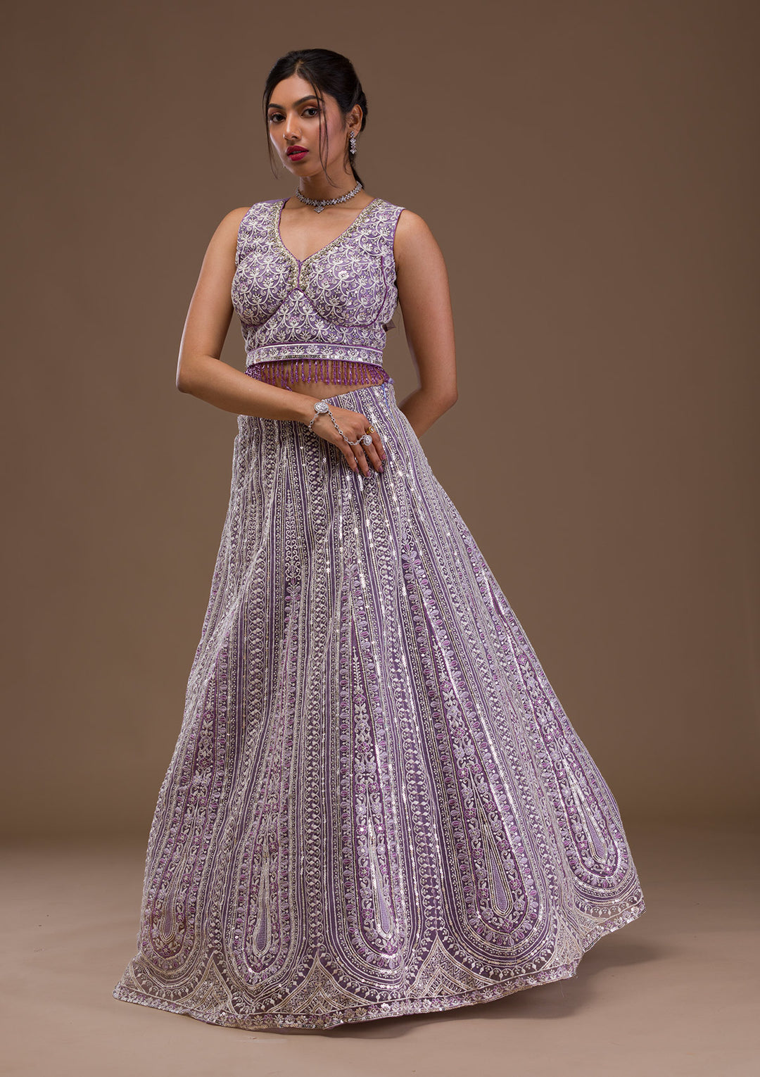 Lavender Threadwork Net Readymade Lehenga