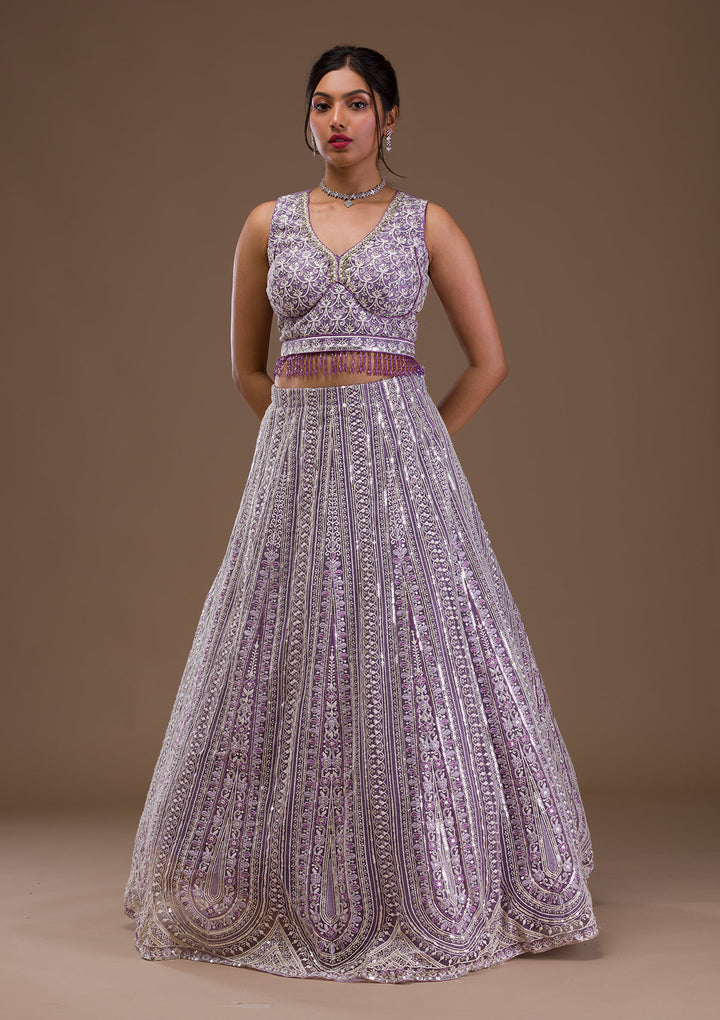 Lavender Threadwork Net Readymade Lehenga