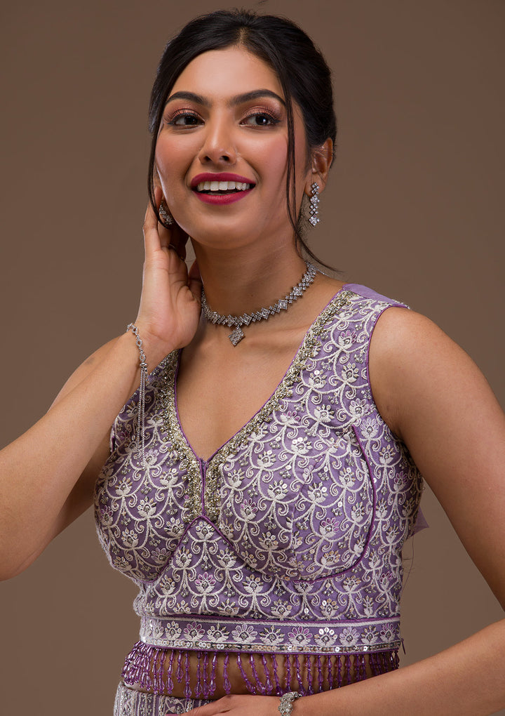 Lavender Threadwork Net Readymade Lehenga