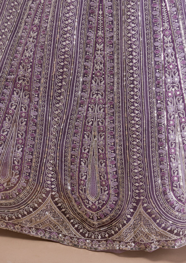 Lavender Threadwork Net Readymade Lehenga