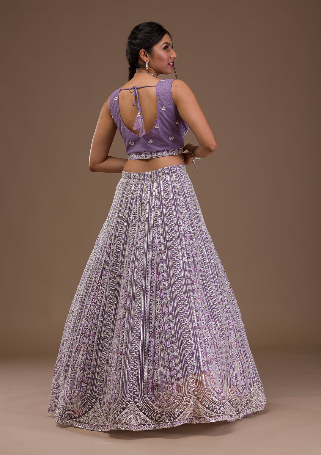 Lavender Threadwork Net Readymade Lehenga