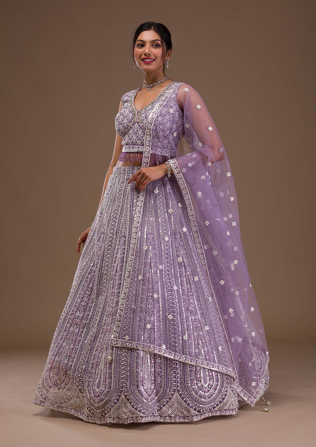 Lavender Threadwork Net Readymade Lehenga