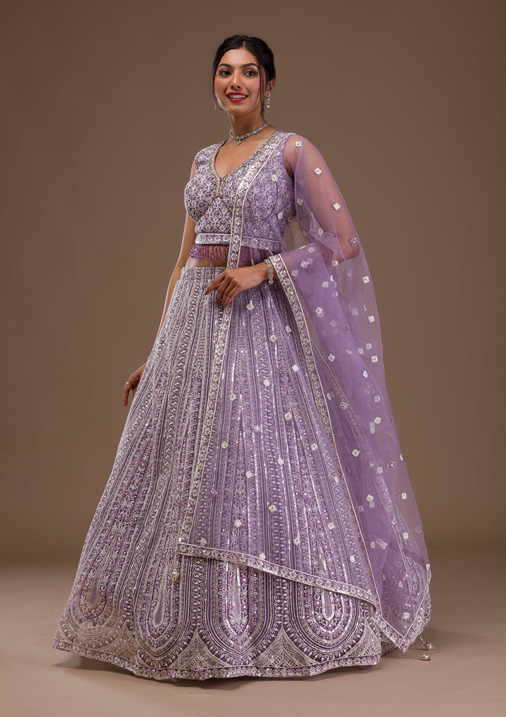 Lavender Threadwork Net Readymade Lehenga