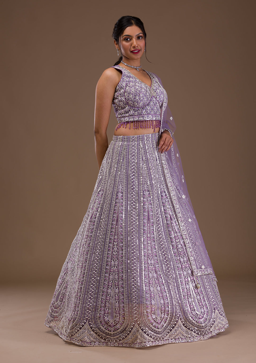 Lavender Threadwork Net Readymade Lehenga