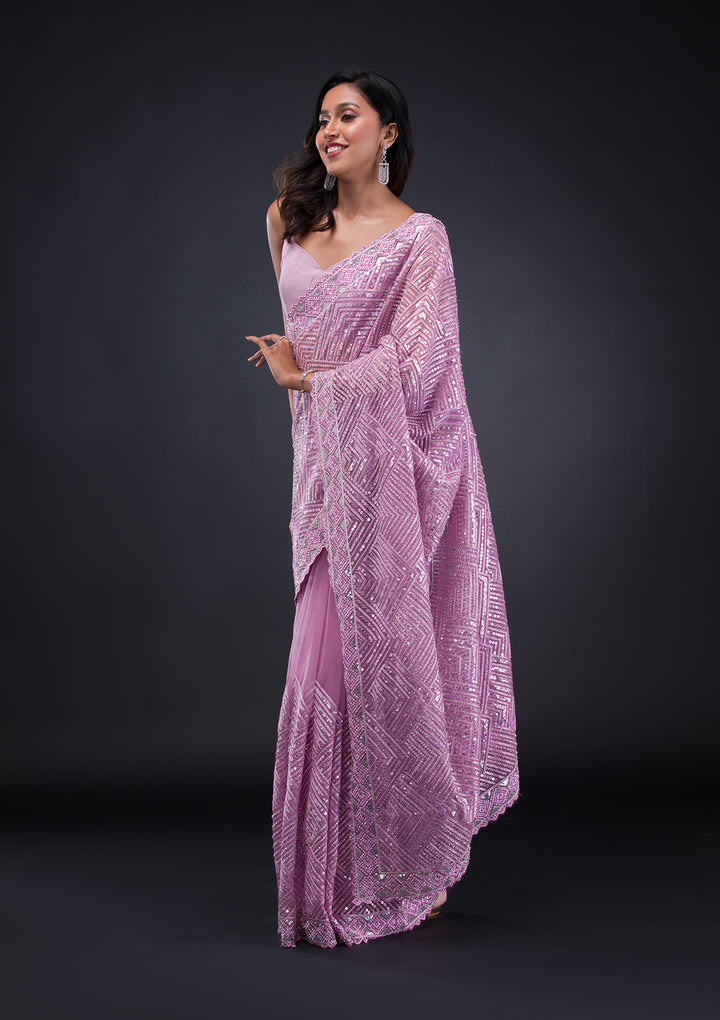 Lavender Threadwork Net Saree