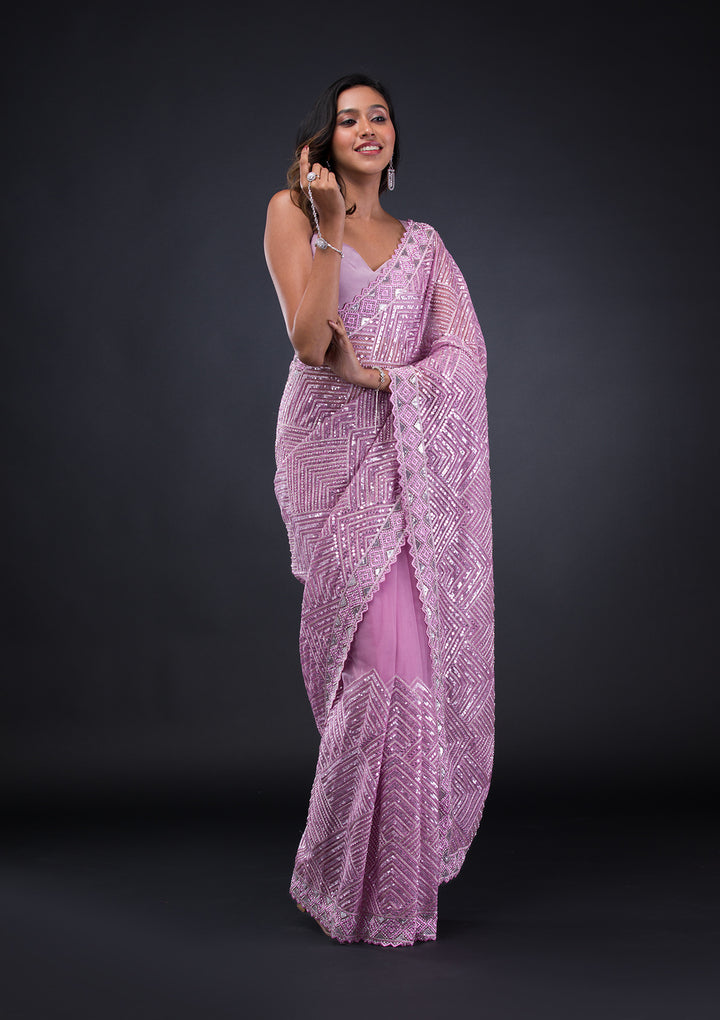 Lavender Threadwork Net Saree