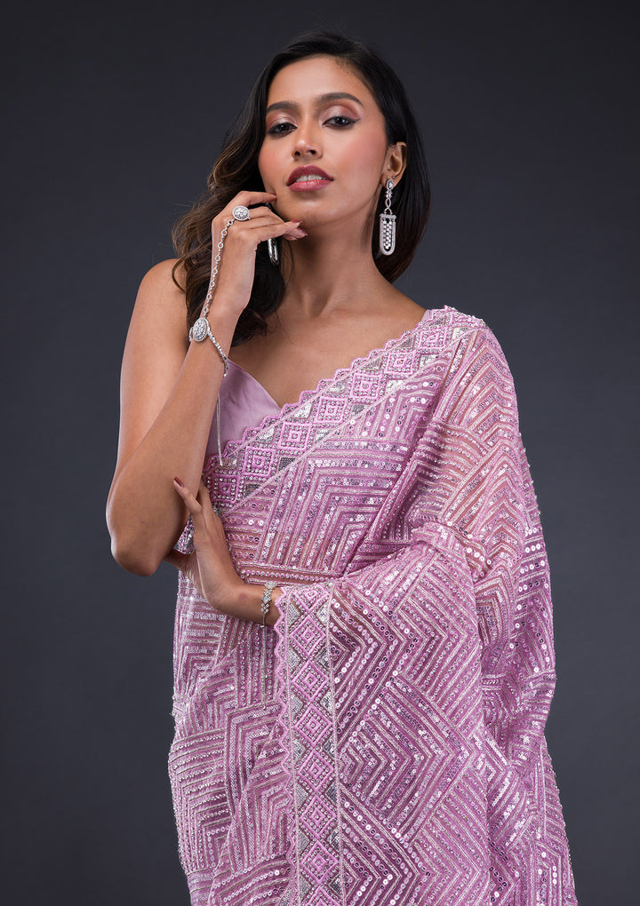 Lavender Threadwork Net Saree