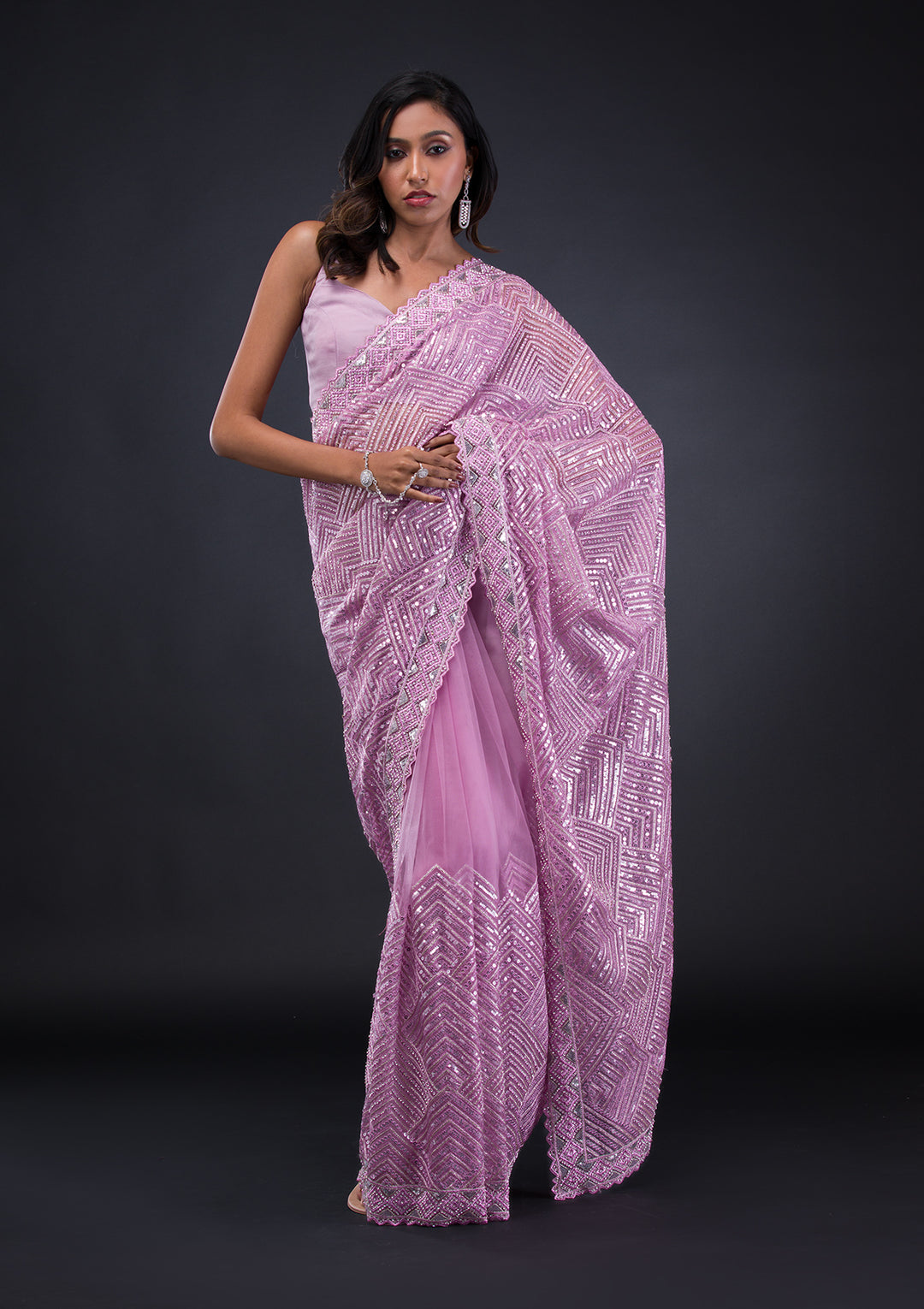 Lavender Threadwork Net Saree