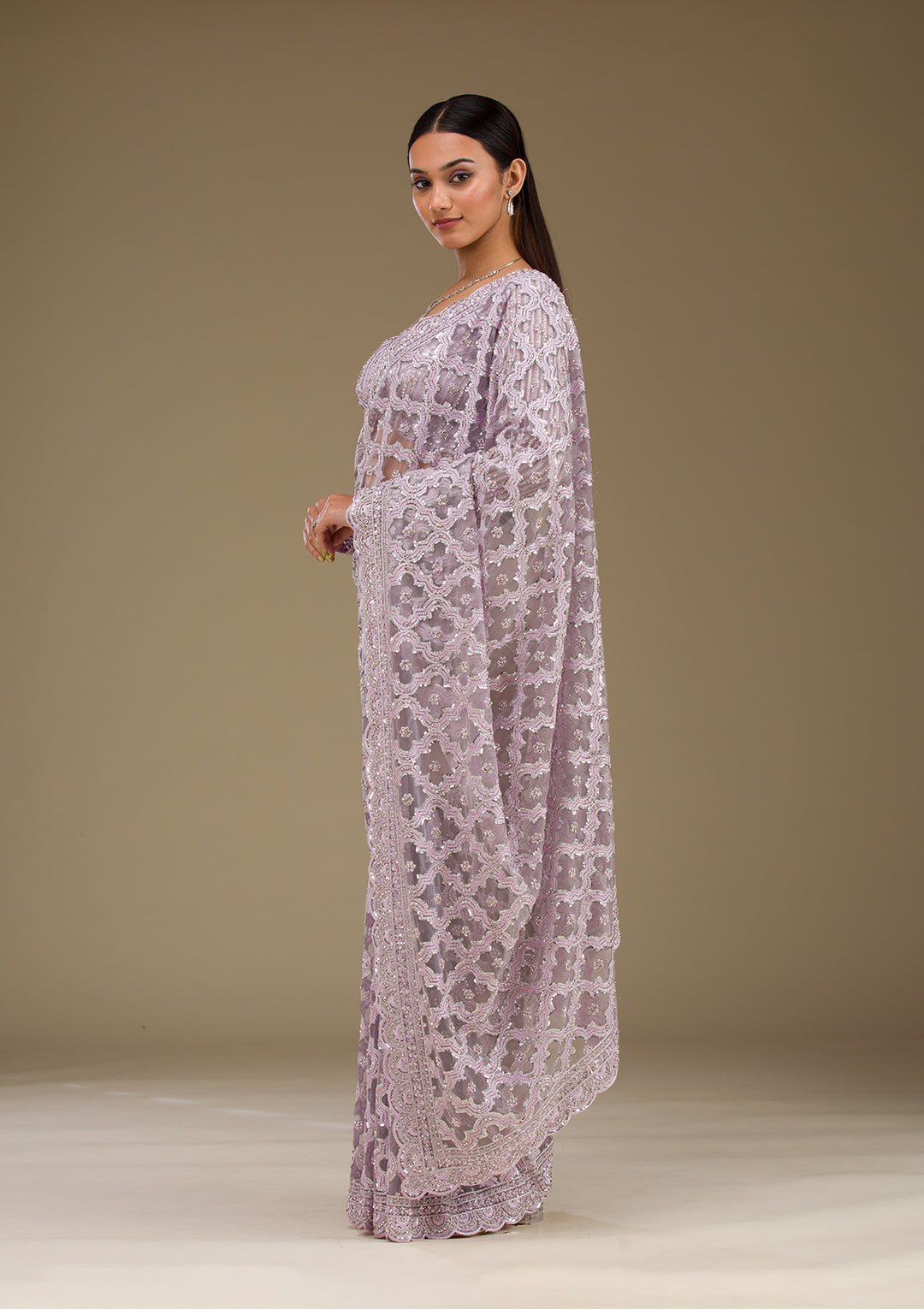 Lavender Threadwork Net Saree
