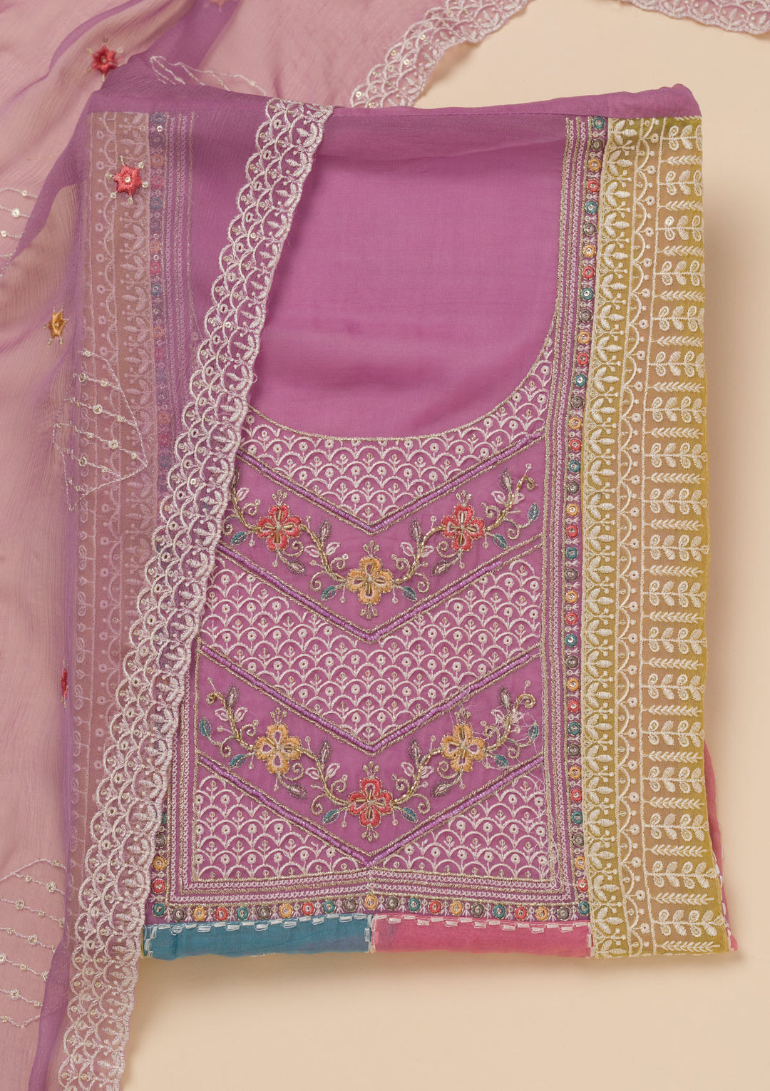 Lavender Threadwork Organza Unstitched Salwar Suit