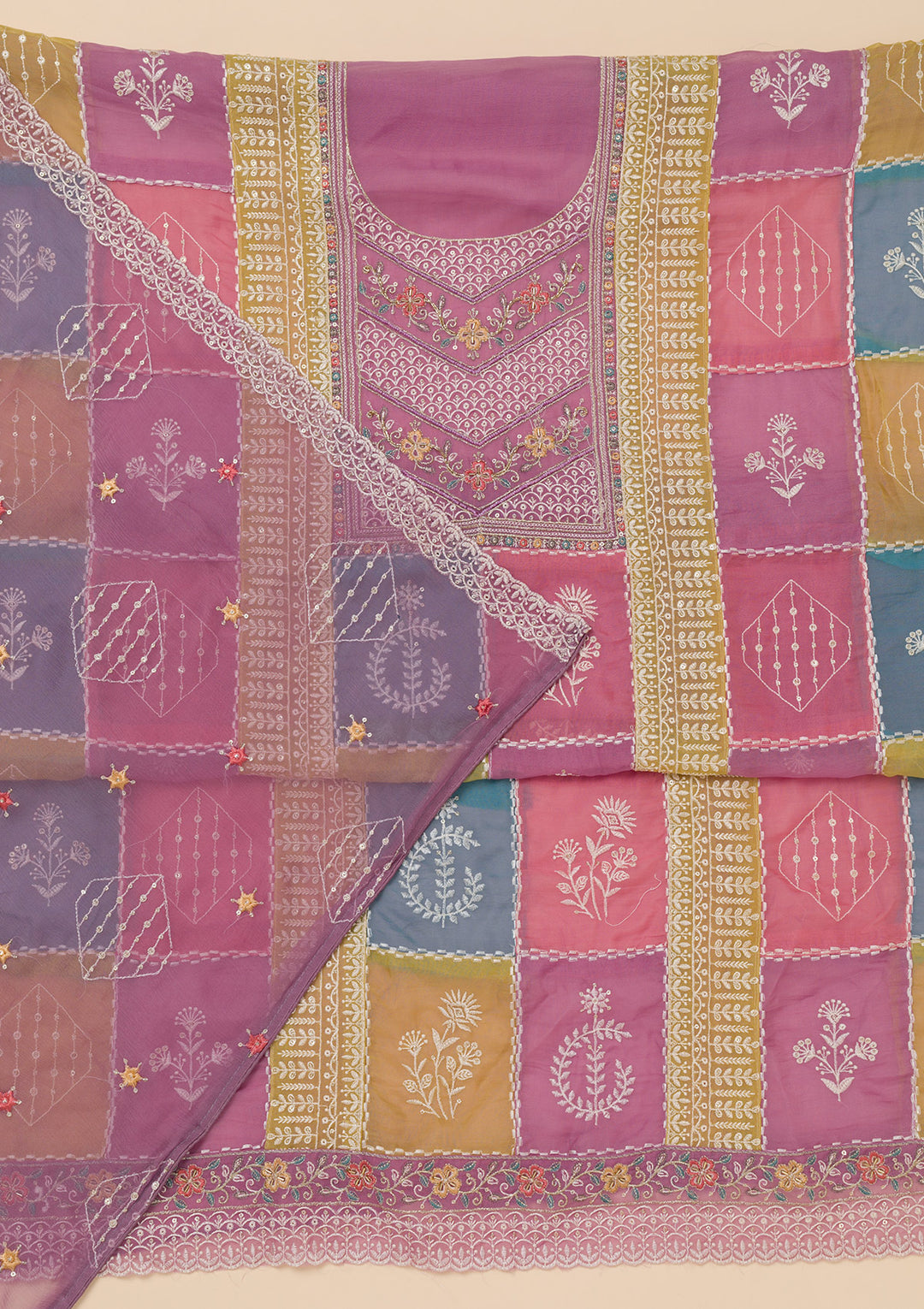 Lavender Threadwork Organza Unstitched Salwar Suit