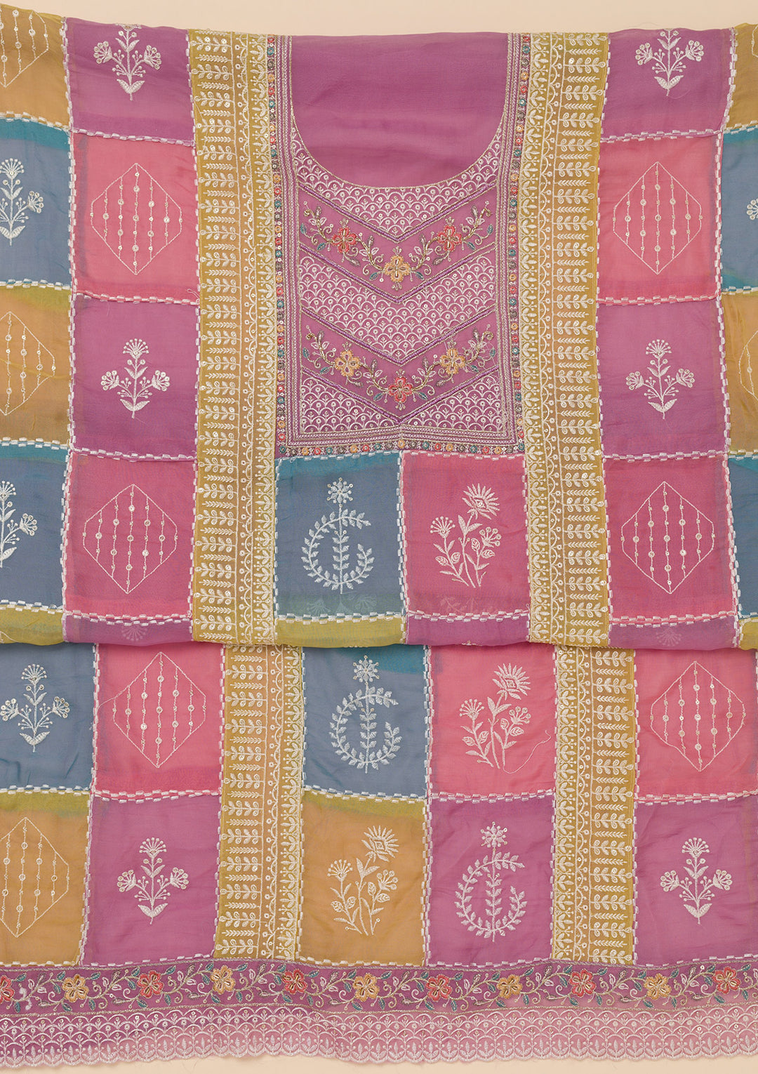 Lavender Threadwork Organza Unstitched Salwar Suit