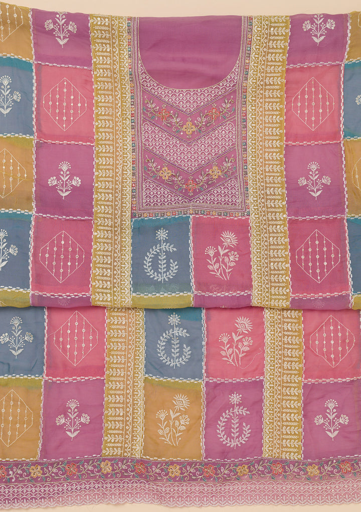 Lavender Threadwork Organza Unstitched Salwar Suit