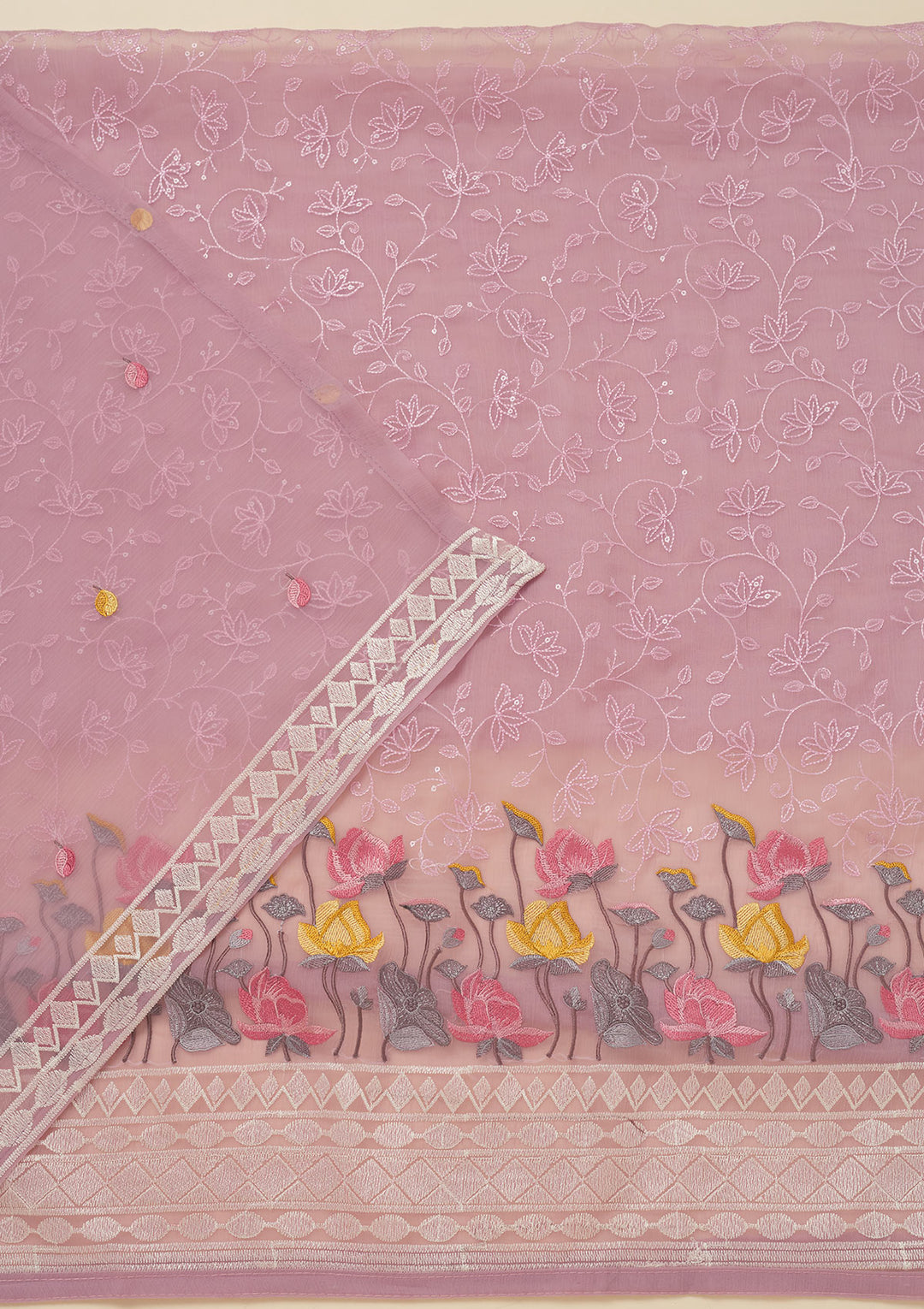 Lavender Threadwork Organza Unstitched Salwar Suit
