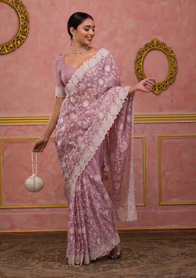 Lavender Threadwork Organza Designer Saree-Koskii