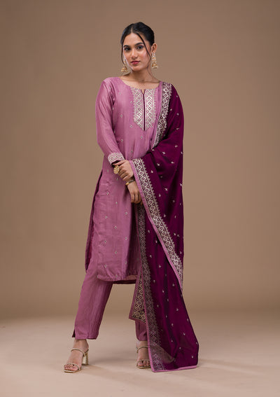 Lavender Threadwork Raw Silk Readymade Salwar Suit
