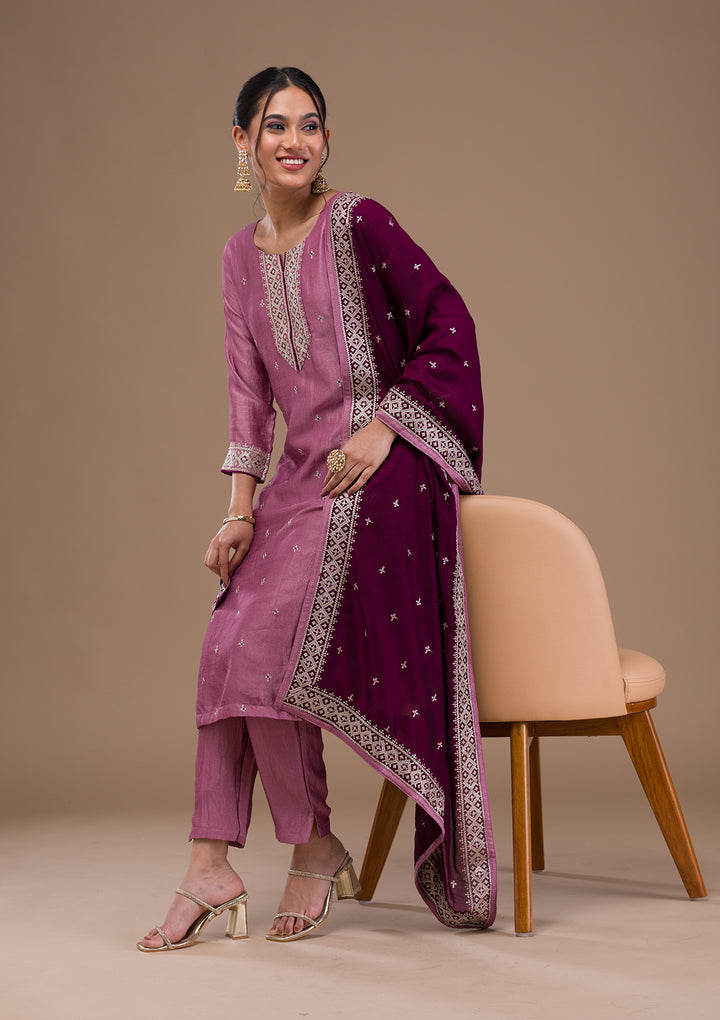 Lavender Threadwork Raw Silk Readymade Salwar Suit