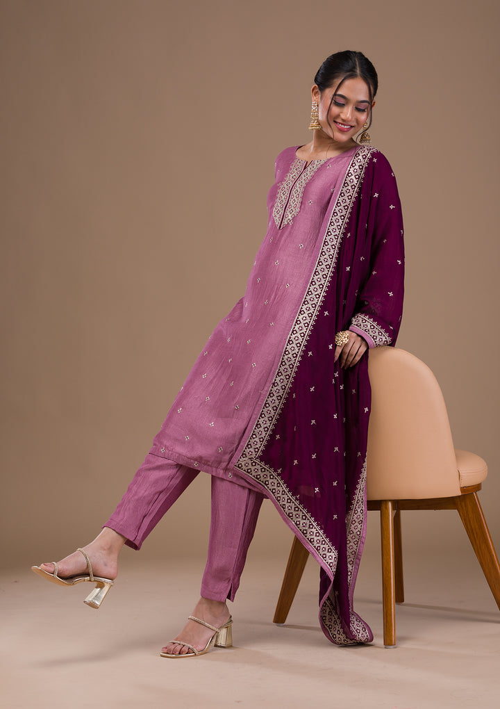 Lavender Threadwork Raw Silk Readymade Salwar Suit