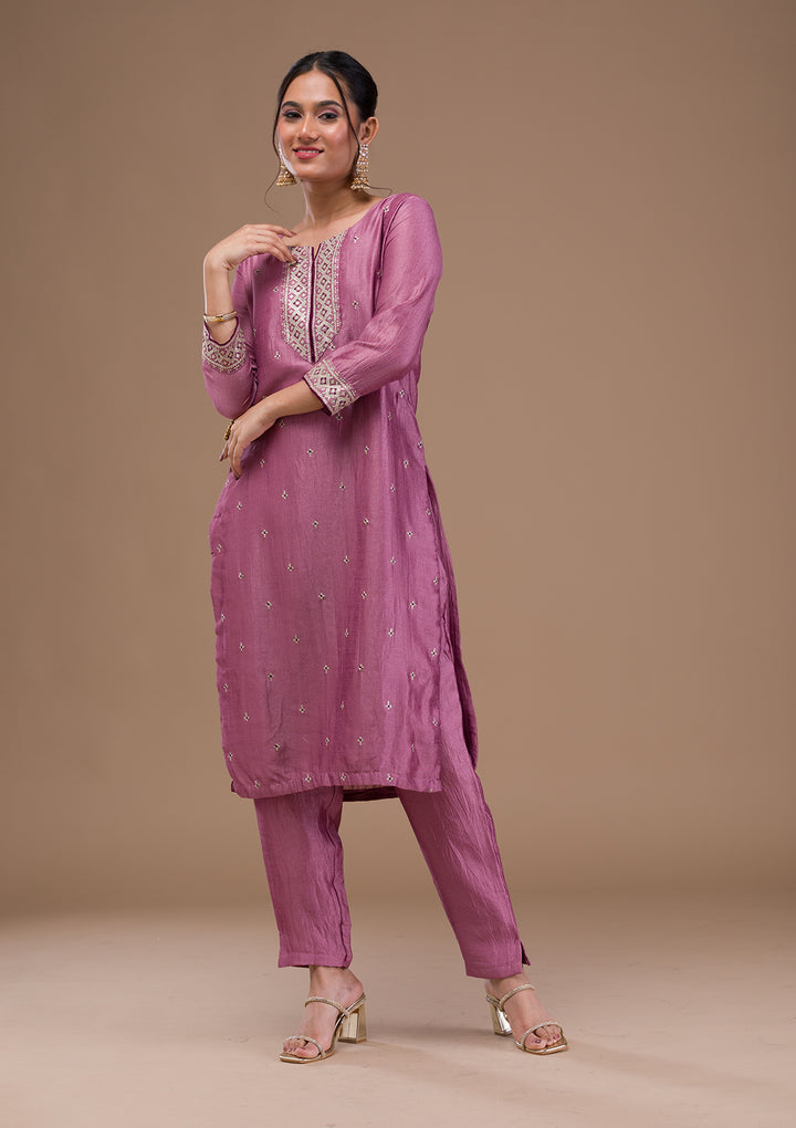 Lavender Threadwork Raw Silk Readymade Salwar Suit