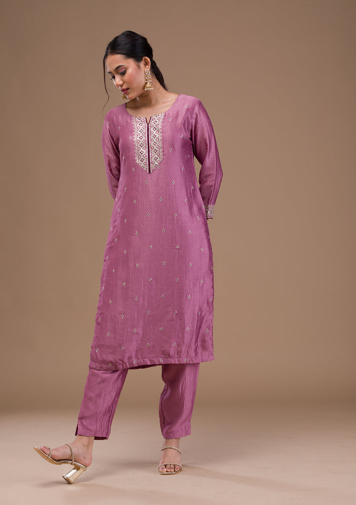Lavender Threadwork Raw Silk Readymade Salwar Suit