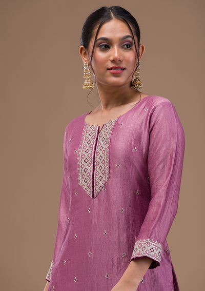 Lavender Threadwork Raw Silk Readymade Salwar Suit