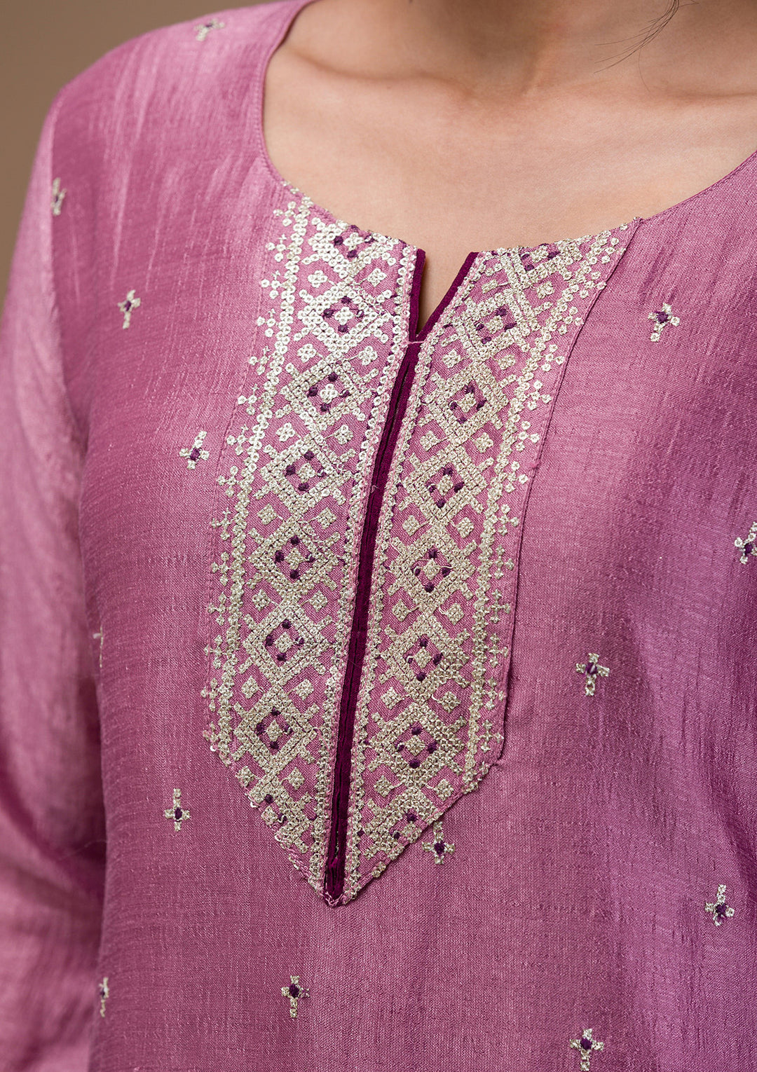 Lavender Threadwork Raw Silk Readymade Salwar Suit