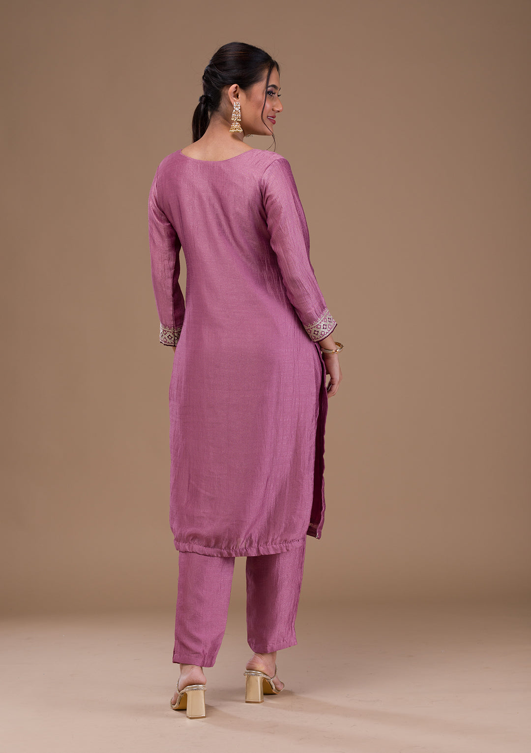 Lavender Threadwork Raw Silk Readymade Salwar Suit