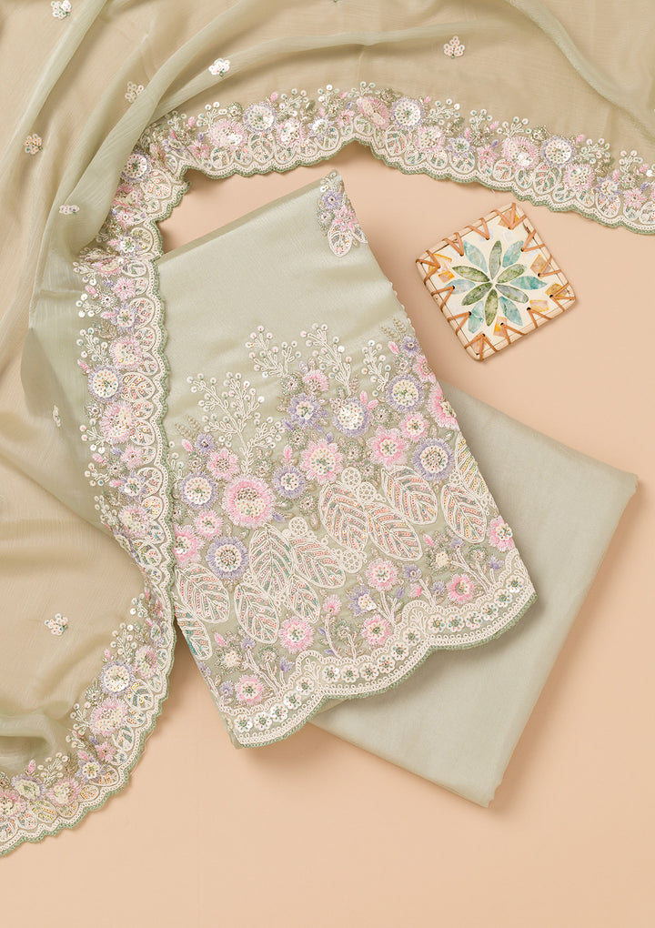 Pista Green Threadwork Semi Crepe Unstitched Salwar Suit