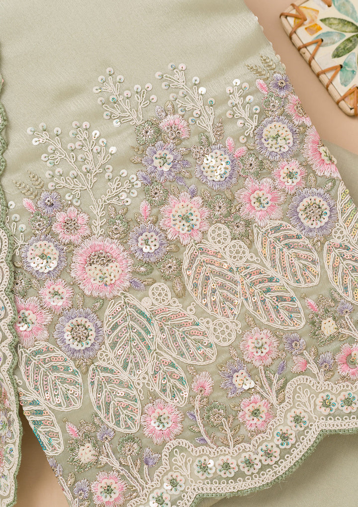 Pista Green Threadwork Semi Crepe Unstitched Salwar Suit