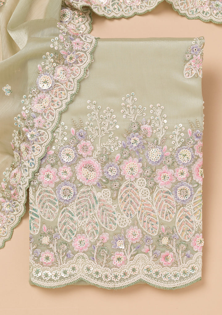 Pista Green Threadwork Semi Crepe Unstitched Salwar Suit