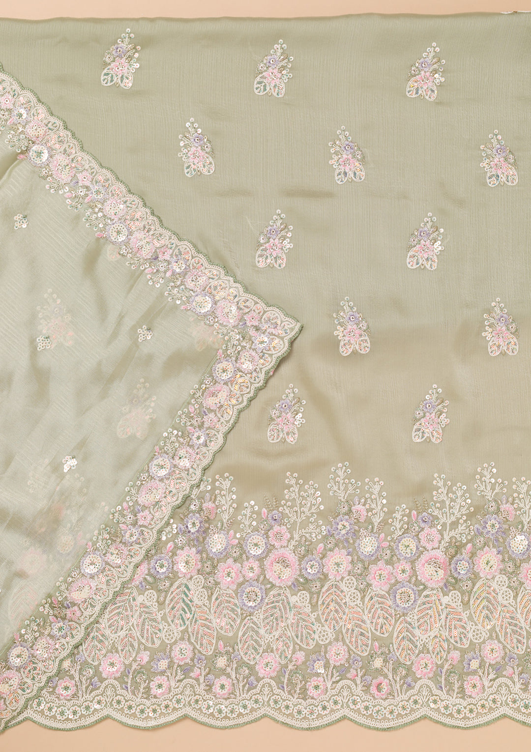 Pista Green Threadwork Semi Crepe Unstitched Salwar Suit