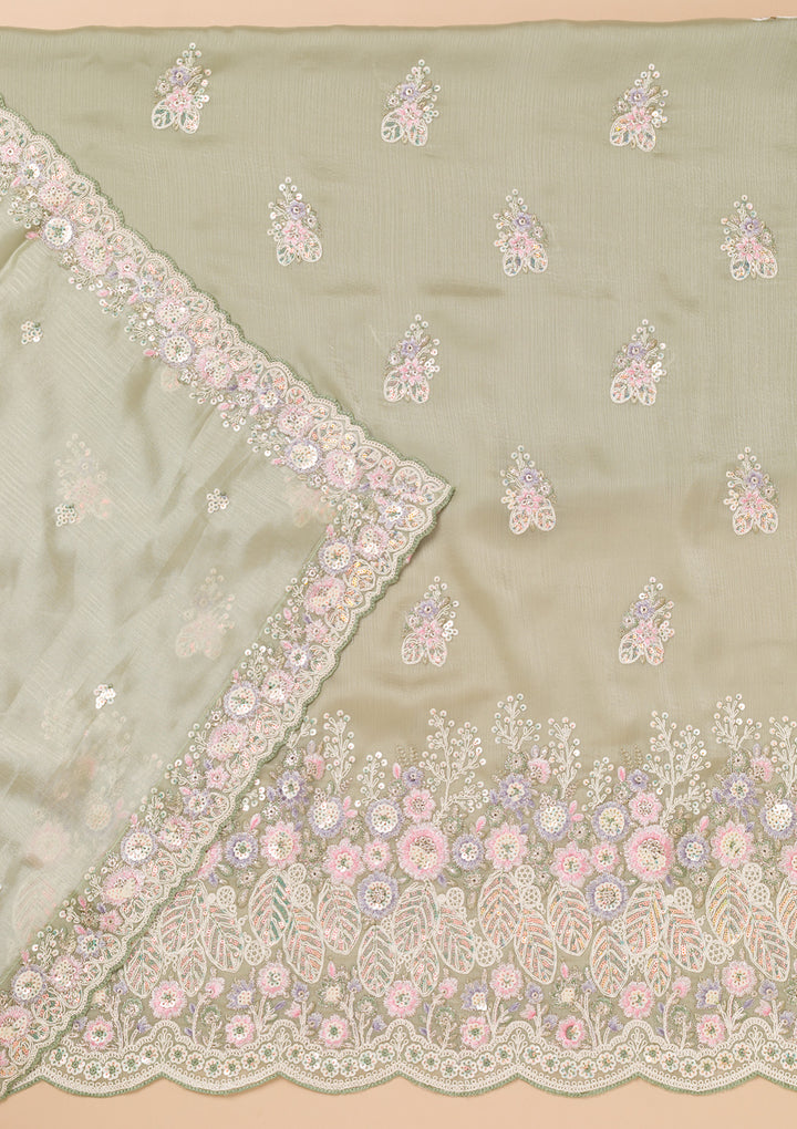 Pista Green Threadwork Semi Crepe Unstitched Salwar Suit