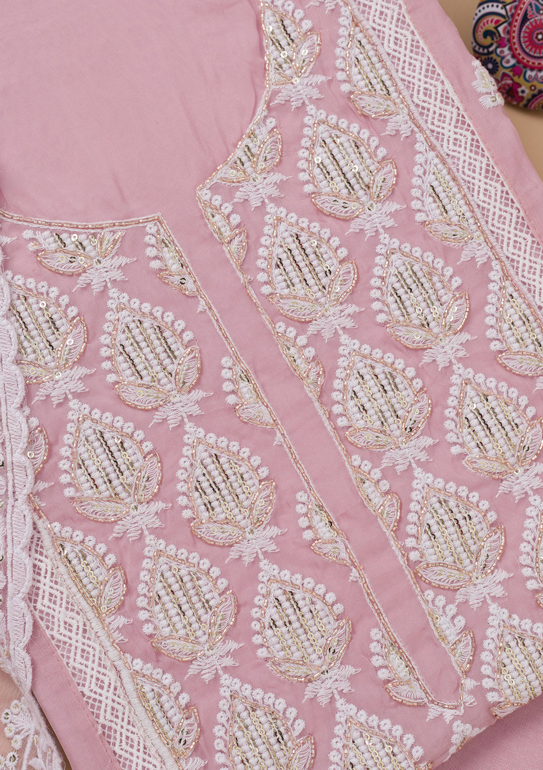 Lavender Threadwork Semi Crepe Unstitched Salwar Suit