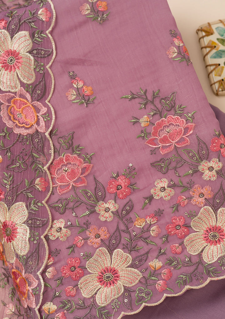 Lavender Threadwork Tissue Unstitched Salwar Suit