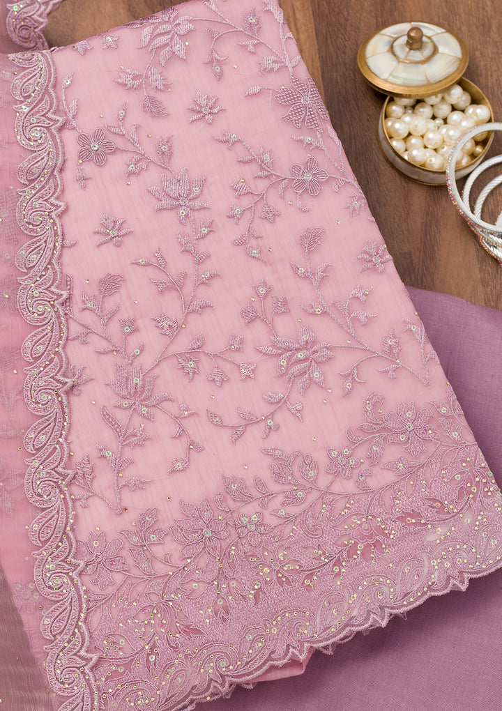 Lavender Threadwork Tissue Unstitched Salwar Suit
