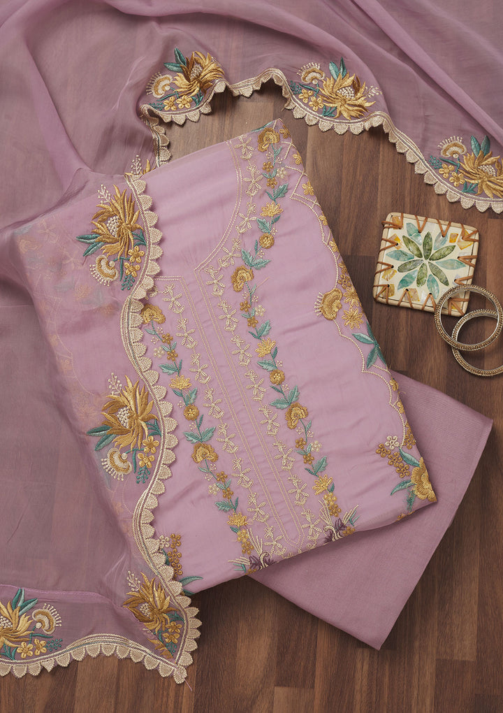 Lavender Threadwork Tissue Unstitched Salwar Suit