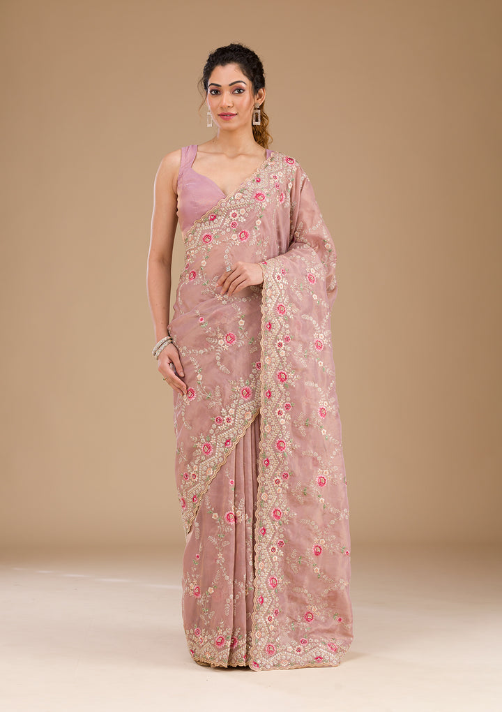 Lavender Threadwork Tissue Saree-Koskii