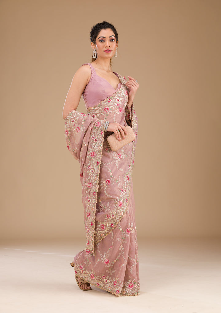 Lavender Threadwork Tissue Saree-Koskii