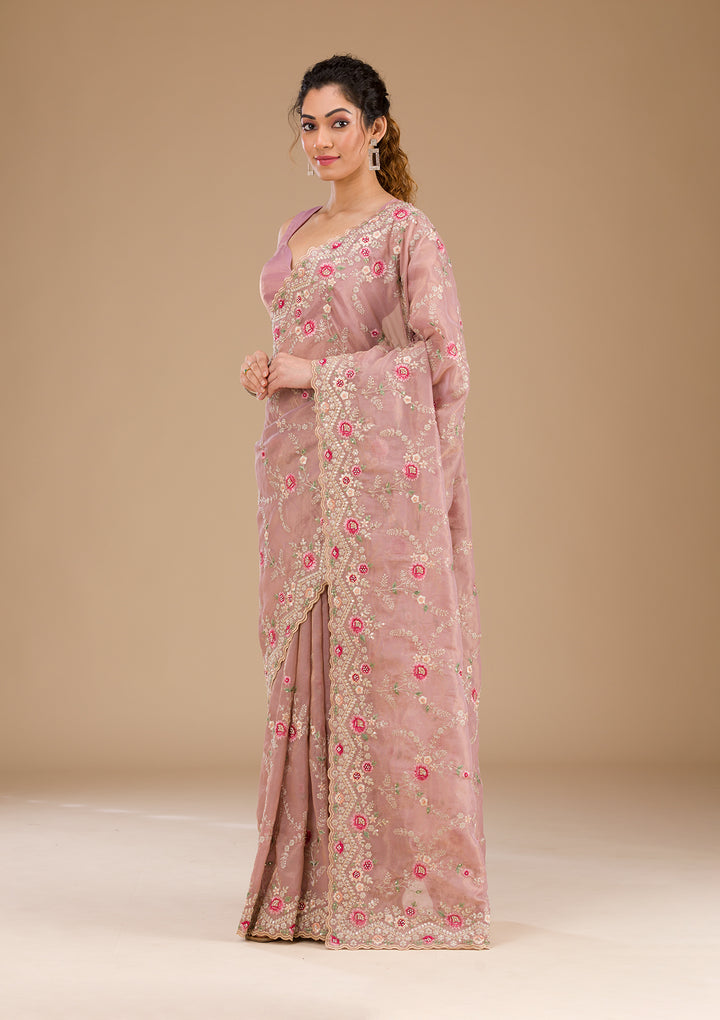 Lavender Threadwork Tissue Saree-Koskii