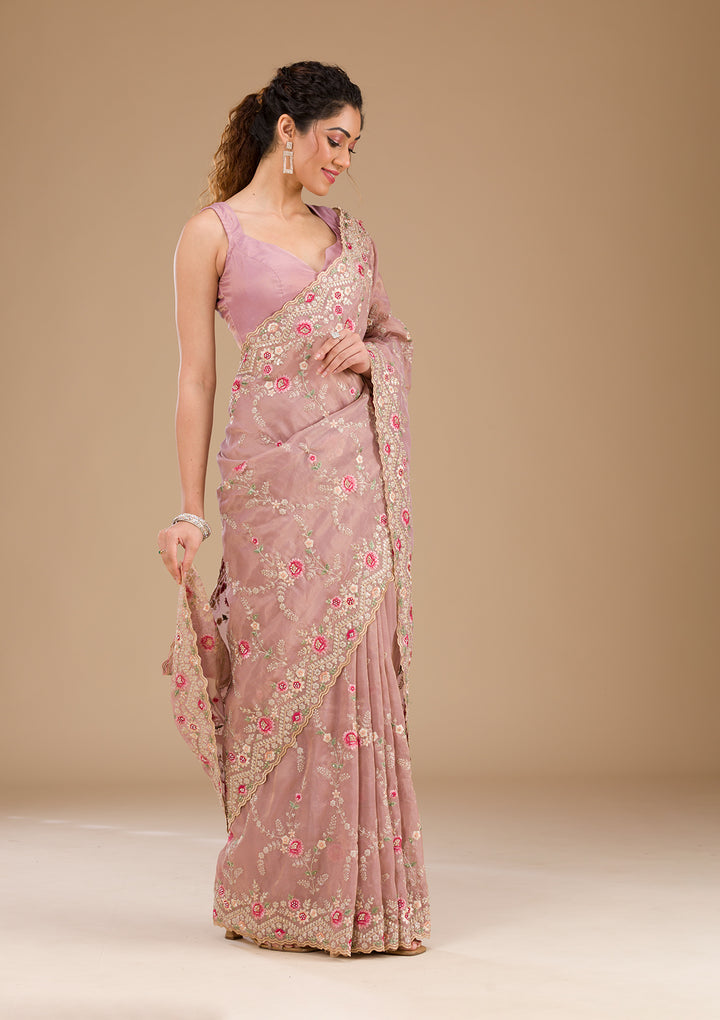Lavender Threadwork Tissue Saree-Koskii